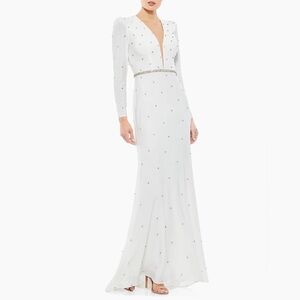 Mac Duggal White Long Sleeve Column Gown with Embellishments